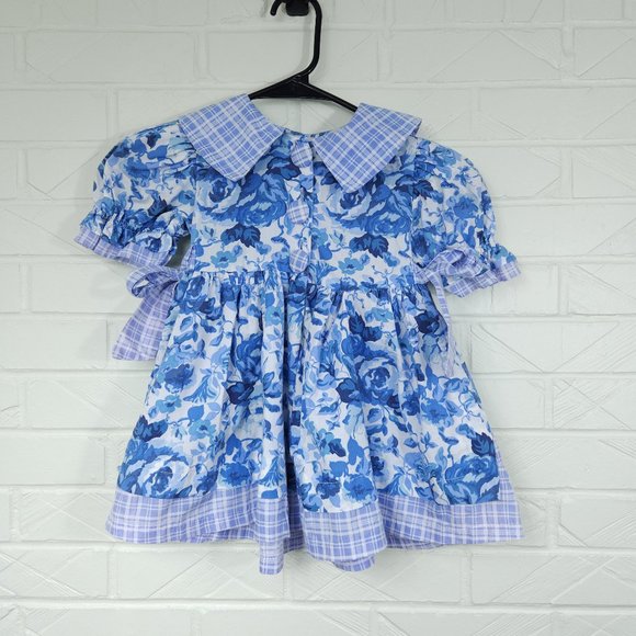 Vintage Little Precious Blue Floral and Plaid Cottagecore Puff Sleeve Dress 3T - Picture 1 of 7
